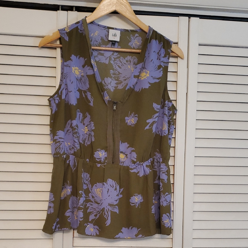 CAbi Celebrity Olive Green and Lilac Sleeveless Top, Size Small